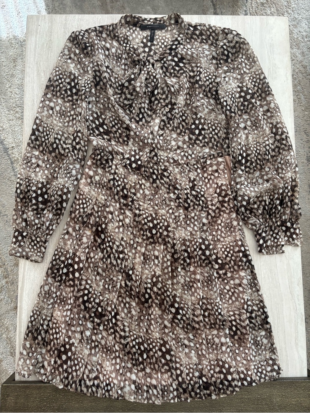 BCBGMaxAzria Brown and Cream Printed Long-Sleeve Tie-Neck Dress